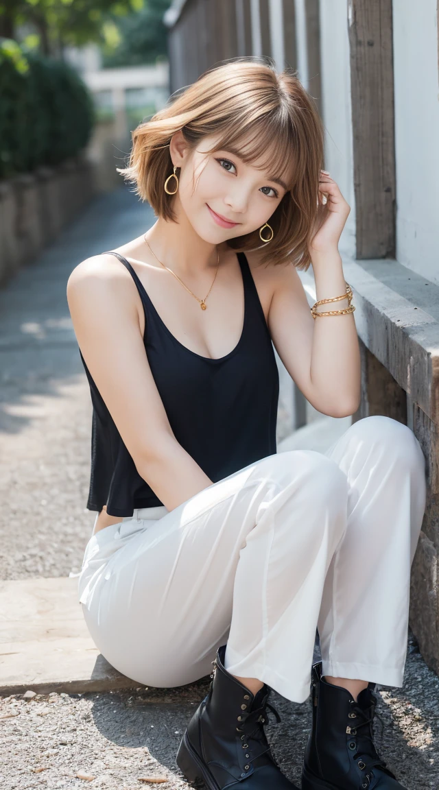 flying debris、Highest quality、An illustration、Highest quality、Understood、High resolution、8k wallpaper、Perfect dynamic composition、(((Ezvian Everywhere)))、((From below))、Beautiful and cute 20 year old girl、Beautiful face in every detail、Delicate and cute eyes、Fine skin、Red cheeks.、shy、(Semi-short hair:1.3)、(wavy blonde hair)、Small breasts、Bold sexy pose、smile、Small breasts、Between the legs、Small Ass、Thin ass、Generated on the eaves.、Narrow shoulders、wavy blonde hair、blonde、Heart-shaped earrings、smile、、Gold Bracelets、Tie your hair back、Black tank top、Loose fitting white harem pants、Baggy pants、Combat Boots、Army Boots、Standing posture showing the whole body、at the park