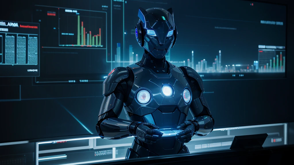 An illustration of a futuristic robot-shaped artificial intelligence analyzing a stock market chart on a large screen. The robot has glowing blue eyes, with hands connected to a touch screen, tracing complex data. The background is a modern office with large windows overlooking a metropolitan city at night, with city lights reflecting off the glass