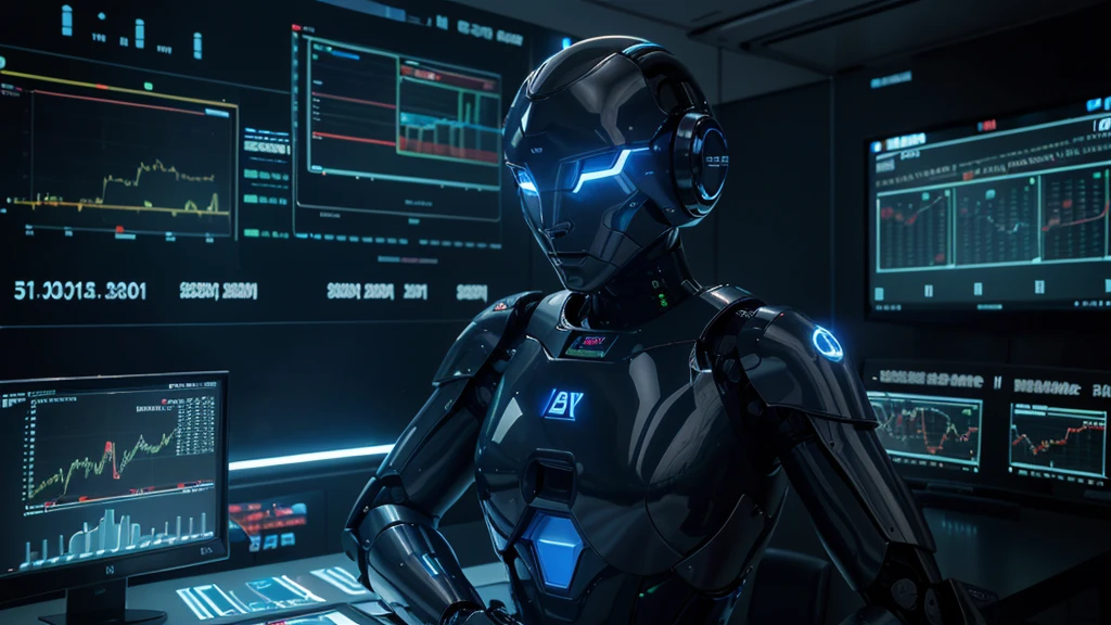 An illustration of a futuristic robot-shaped artificial intelligence analyzing a stock market chart on a large screen. The robot has glowing blue eyes, with hands connected to a touch screen, tracing complex data. The background is a modern office with large windows overlooking a metropolitan city at night, with city lights reflecting off the glass