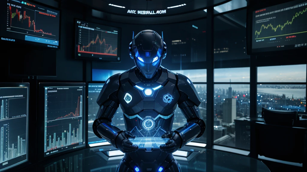 An illustration of a futuristic robot-shaped artificial intelligence analyzing a stock market chart on a large screen. The robot has glowing blue eyes, with hands connected to a touch screen, tracing complex data. The background is a modern office with large windows overlooking a metropolitan city at night, with city lights reflecting off the glass