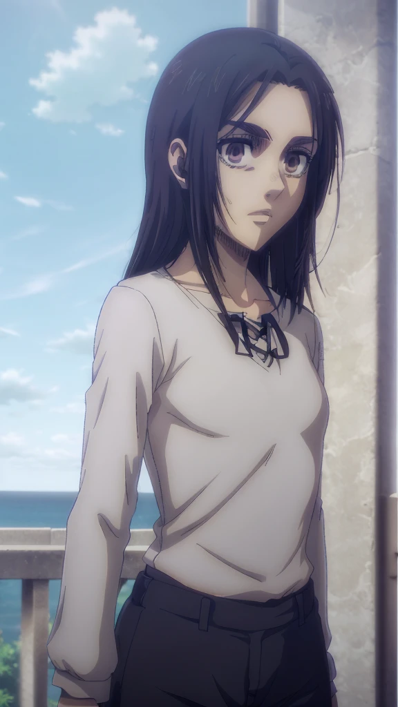 Make a girl tall 6'2,Hair black mix Brown,Eyes color Havel, Skin pale, Survey Corps shirt and pants season 4,Odm gear modern anime grab sword, and eyes bags ,Wall maria background 
, Paradise girl 