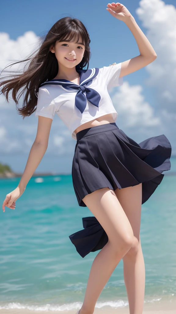 1girl,(((Okinawa ocean)))、(((White sand beaches in Okinawa)))、(((Just join your hands and pray)))、(((Mysterious look)))、8k UHD、Digital single-lens reflex camera、High resolution、Shallow depth of field、Natural light、(((Sailor suit)))、(((navy blue super mini skirt)))、(((A sparkling, charming smile)))、(((Full body photography)) )、Small person、(((Young face)))、1 Japanese female、;beautiful girl、(Black Hair)、A strong wind blows up my skirt、(((Brown eyes)))、Glowing Skin、Smooth Thinning Hair、Long Hair、Detailed background、Detailed eyes and face、Clear Eyes、Cute smile、Calm atmosphere、(((stage)))、(((Small breasts)))、(((Beautiful Eyes)))、Flat chest、Children、(((Toned thighs))) 、(((Angle from below) ))、(((Fine lips)))、(((Skirt fluttering)))、Shining beautiful legs、( Skirt fluttering violently in the strong wind :1.4), (hair blowing in the strong wind:1.4), (leaning forward)、barefoot、barefoot、((((A skirt flipped up by a strong wind))))