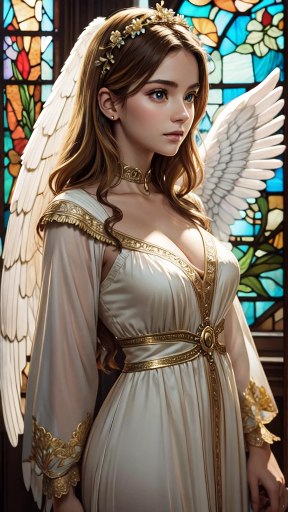 realistic,photorealistic,photo-realistic:1.37,best quality,4k,8k,highres,masterpiece:1.2,ultra-detailed,vibrant colors,stained glass,beautiful vintage angel woman,frontal face,front face,front view,gold hair,determined expression,(large open angel wings:1.1),Alphonse Mucha style,intricate floral background,warm tones,soft lighting,1girl