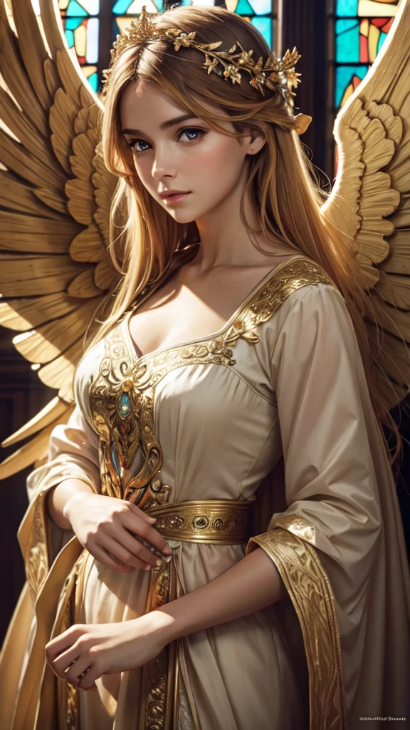 realistic,photorealistic,photo-realistic:1.37,best quality,4k,8k,highres,masterpiece:1.2,ultra-detailed,vibrant colors,stained glass,beautiful vintage angel woman,frontal face,front face,front view,gold hair,determined expression,(large open angel wings:1.1),Alphonse Mucha style,intricate floral background,warm tones,soft lighting,1girl