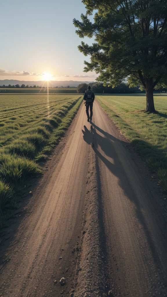 I want a handcuff lying on the ground, its chains are broken and it is on a green field, and far ahead a man walking, and a sun shining in front of you on the horizon