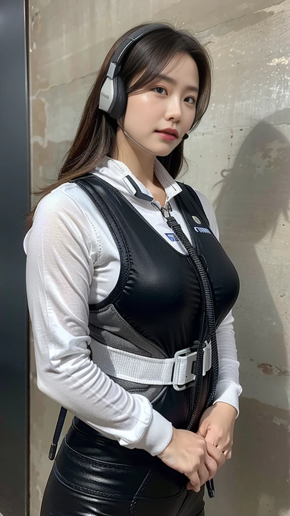 Highest image quality, outstanding details, ultra-high resolution, (realism: 1.4), ((close up:0.75, from front)), Photorealistic, highly condensed 1 lady, full body,, dead body pose, (Detailed face), (a bit chubby:0.45,big breast), (cloths color black:0.4 white:0.5 other-color:0.1), (wearing nylon rash-guard as police uniform, gloves, Fingers are occluded, black and grey mecha, wearing futuristic-gasmask, military harness, holding a machinegun, carrying hich-tech-backpack), background darkness grey wall,eyes closed,lying supine on ground,get stabbed dead