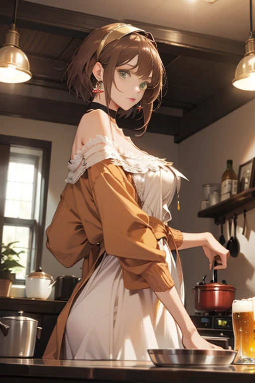 (from below:1.2), (perky chest:1.2), (pointed chest:1.2), 1girl, Bust A Cup, Amazing Cleavage:1.1, thin waist, big ass, Raised cute, small breast: 1.1 posed cleavage:1.2、solo, looking at viewer, have a cute glass of cute beer glass,black hair, dark green eyes, dress, bare shoulders, jewelry, collarbone, side locks, hairband, earrings, indoors, off shoulder, arms behind back, plants, short hair with long locks, gild hairband, off-shoulder dress, sweater dress, off-shoulder sweater, red sweater, dark gold hair, big side hair, very long side hair,is rendered in (masterpiece: 1.2, best quality), with (ultra high resolution) and an exquisite (depth of field). This masterpiece is not only visually stunning but also tells,A scene of cooking in the kitchen
