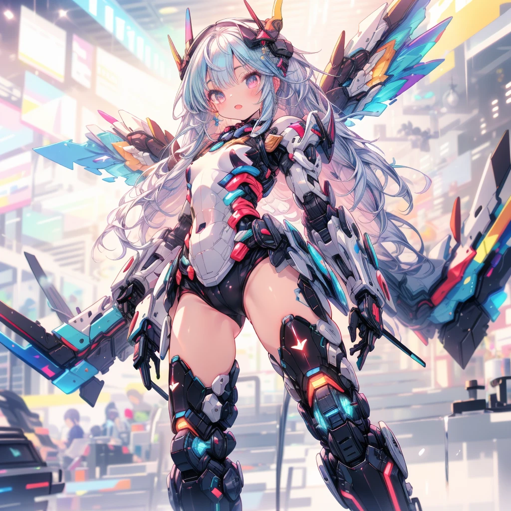 (masterpiece:1.2), best quality, high resolution, extremely detailed CG, absurdres, highres, 1girl, mecha girl, colorful light particles arounded, glitter, glowing wings, (((vivid color))), ((doyagao)), Colorful portraits, karukan \(monjya\)