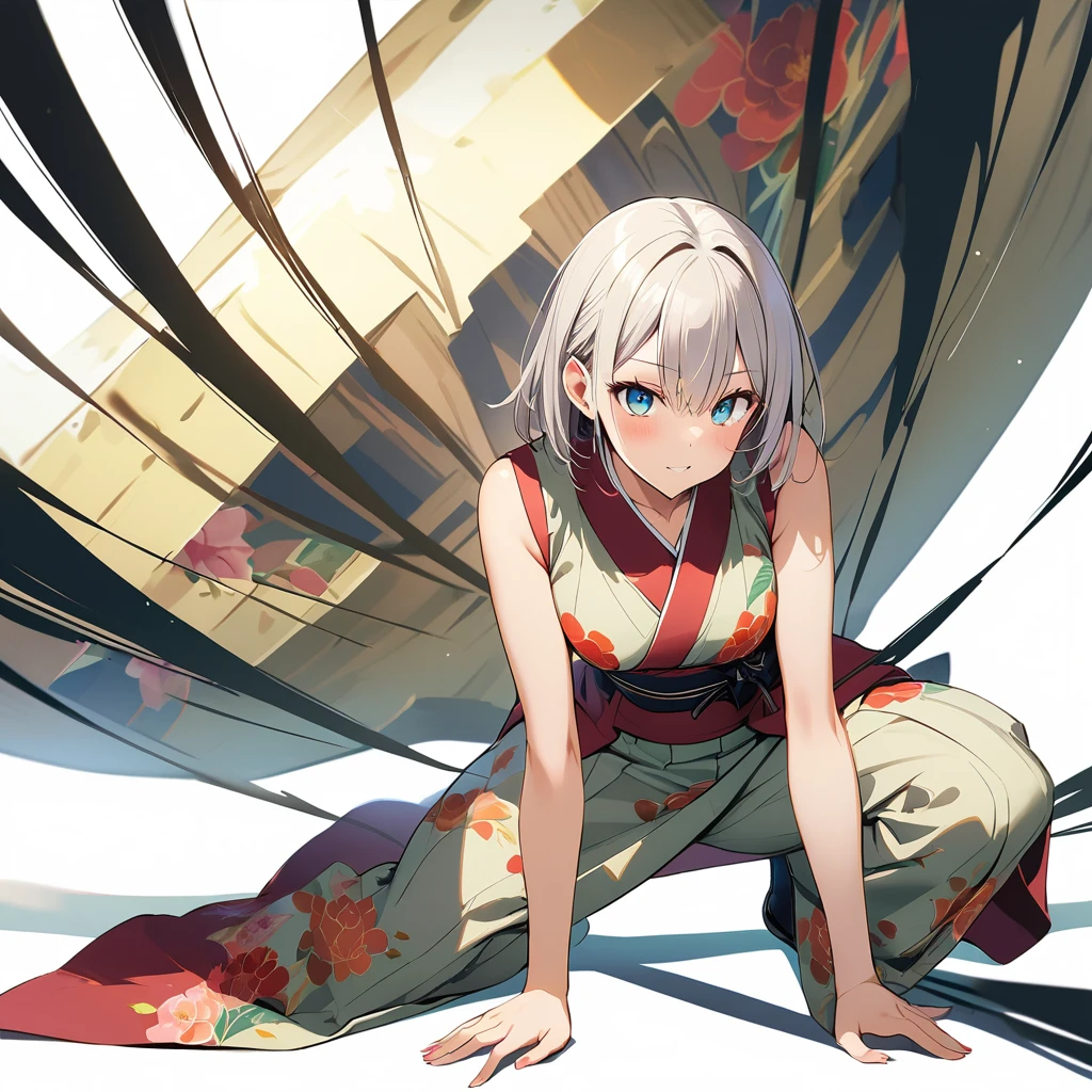 16k works,Highest quality,18-year-old,No background.White background only,whole body、Kneel,Dynamic and sexy pose, One person, Beautiful Face,, Symmetrical eyes, Perfect body, Good balance、 Perfect body、Flower pattern kimono