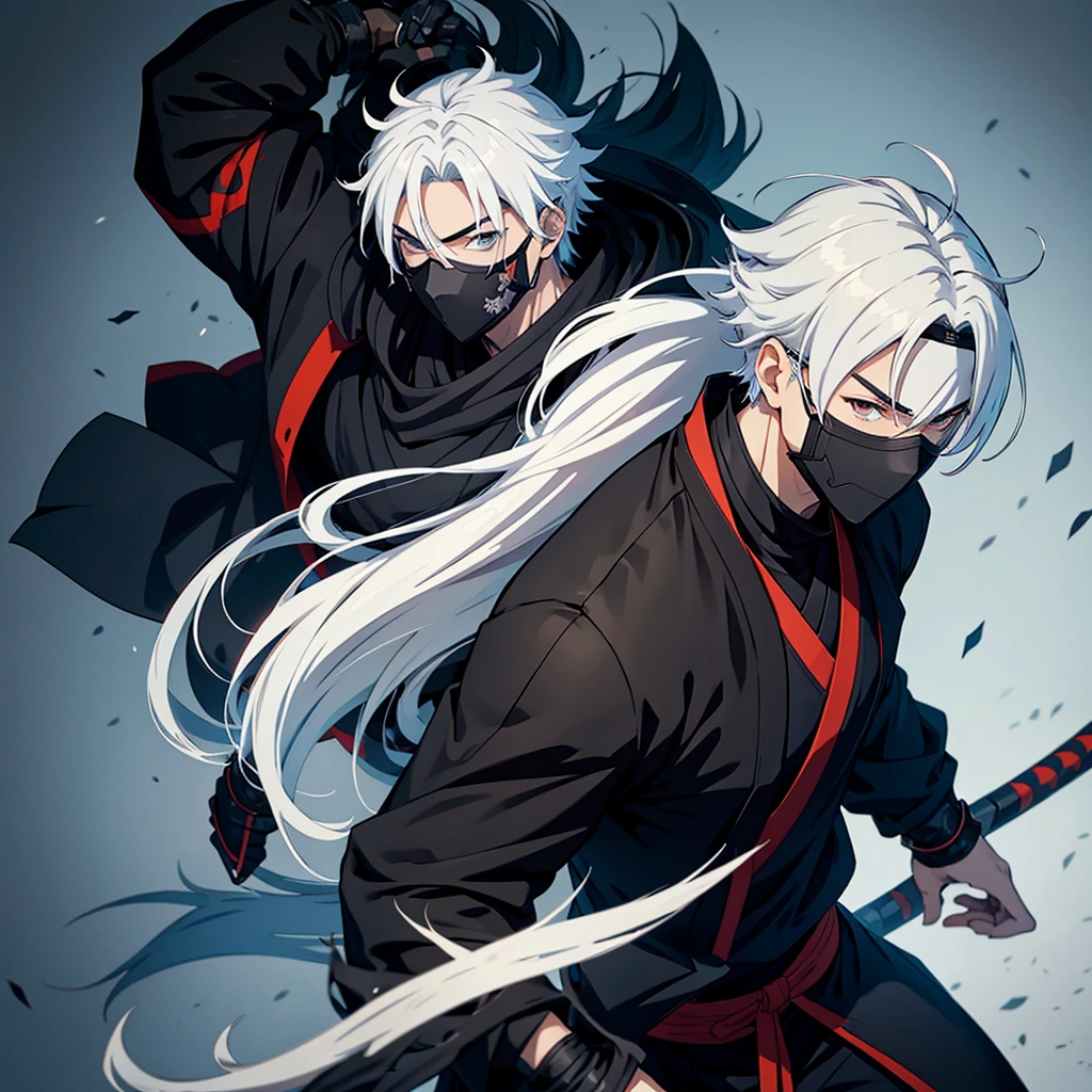 Anime male character with ninja and samurai clothes, white hair and black mask with that of a ninja