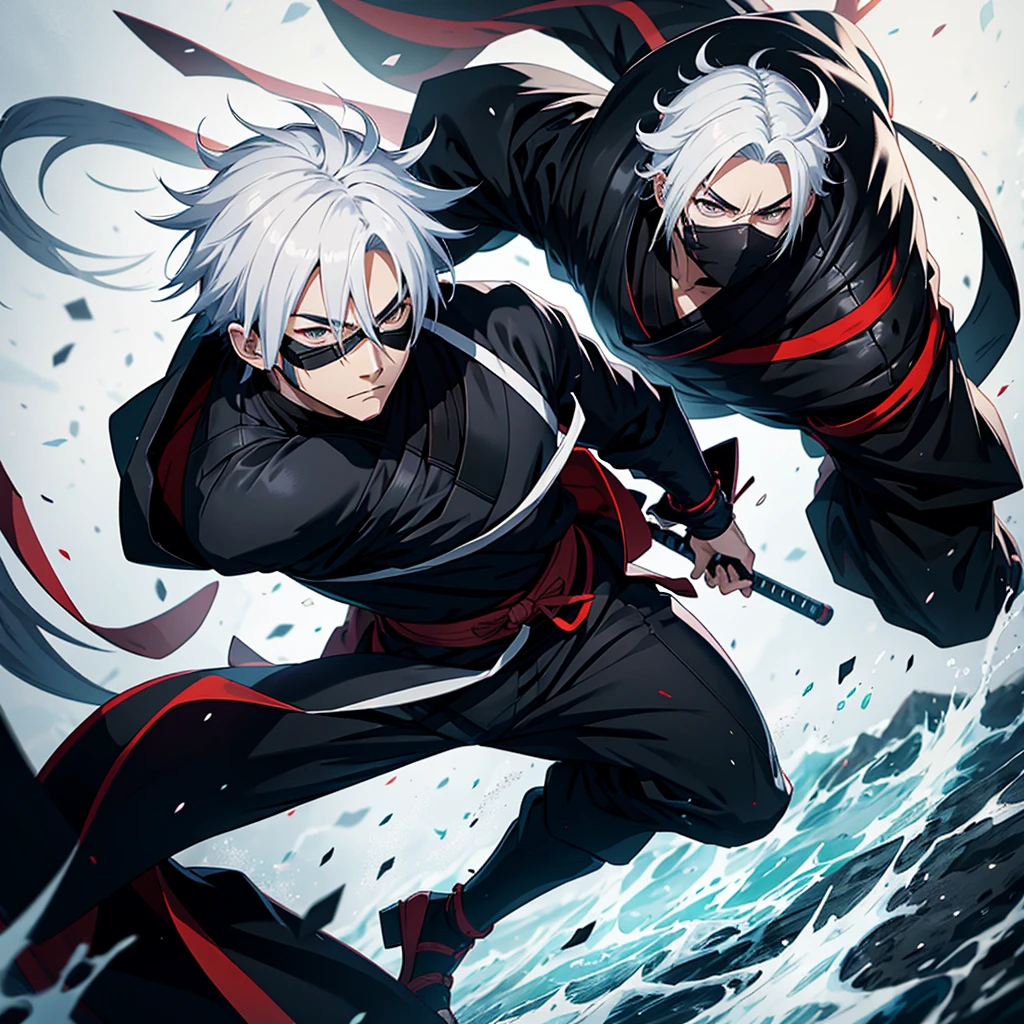 Anime male character with ninja and samurai clothes, white hair and black mask with that of a ninja