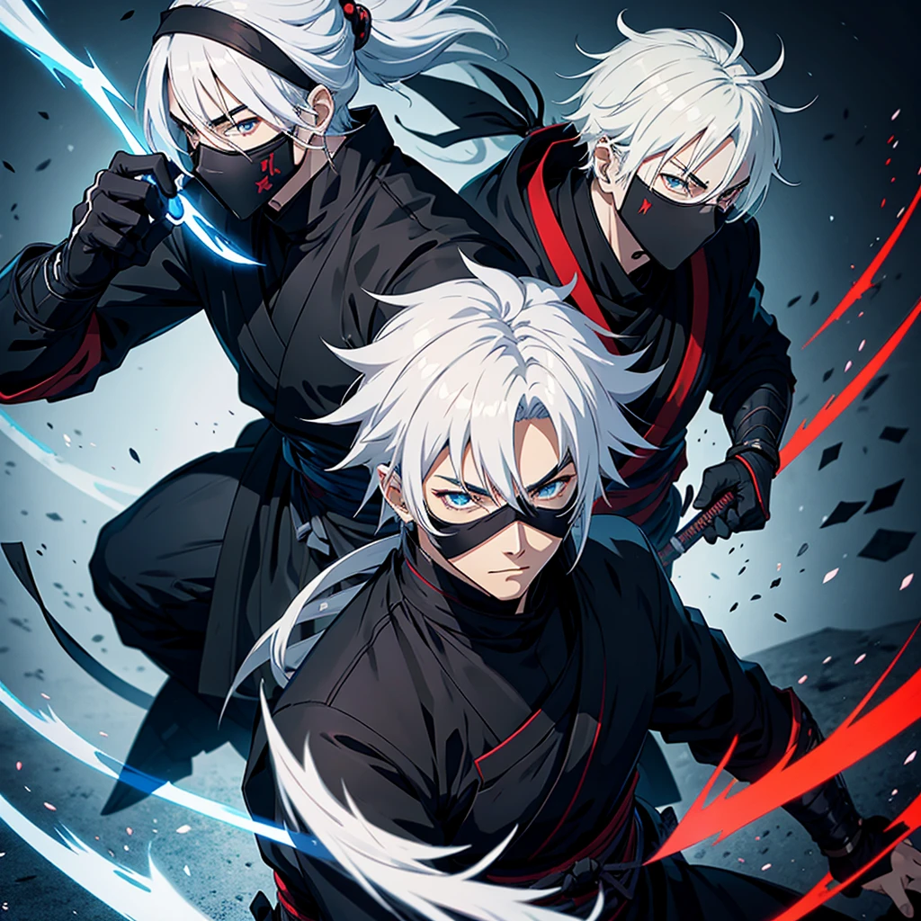 Anime male character with ninja and samurai clothes, white hair and black mask with that of a ninja