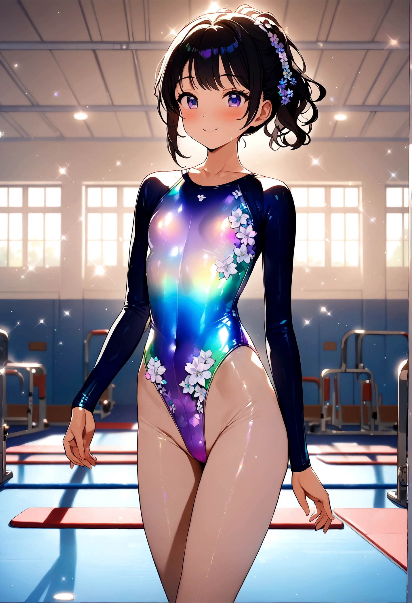 highquality illustration, masterpiece, very delicate and beautiful, attractive girl,(gymnastics leotard, Floral patterns leotard,long sleeve leotard with glittery decoration,high_leg leotard,athletic leotard,tight-fit leotard,iridescent gradient leotard),thin,slender body,slim,high school,gymnasium background,gymnastics club,gymnastics athlete,princess, beautiful eyes,light smile,(masterpiece, best quality:1.2), highres, extremely detailed CG unity 8k wallpaper, perfect lighting, Colourful, ultra-high res,4K,ultra-detailed, photography, 8K, HDR, 17 ages,