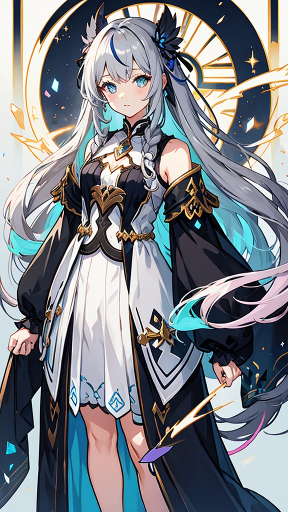 fantasy world girl with colorful hair, accessories, detailed clothes, dark gray hair