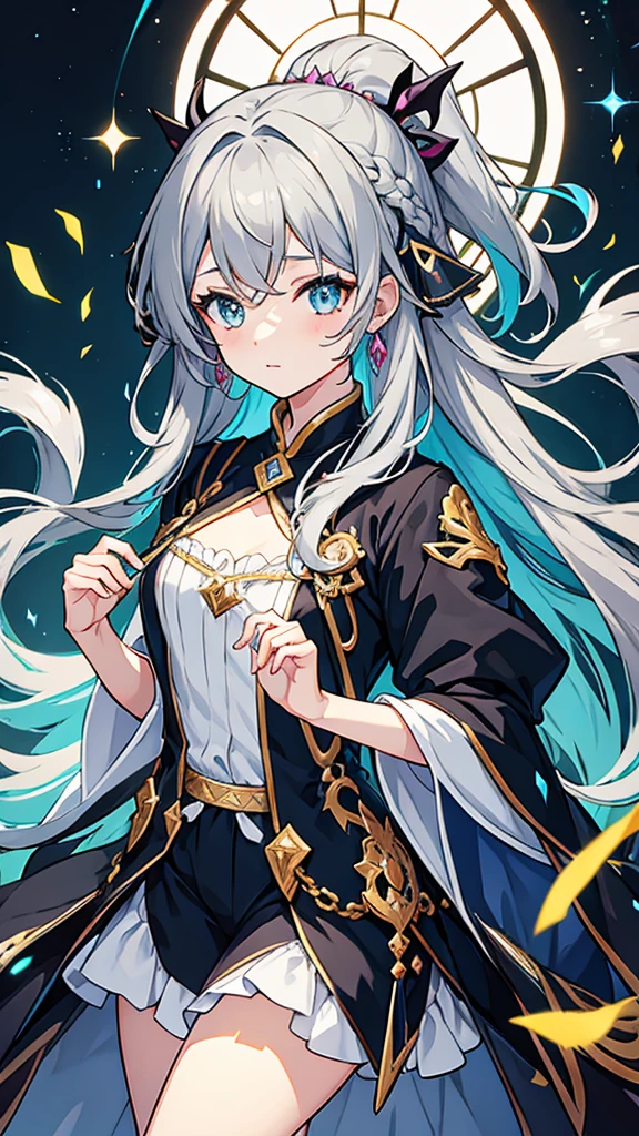 fantasy world girl with colorful hair, accessories, detailed clothes, dark gray hair
