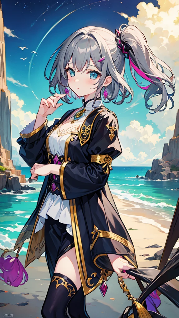 fantasy world girl with colorful hair, accessories, detailed clothes, dark gray hair