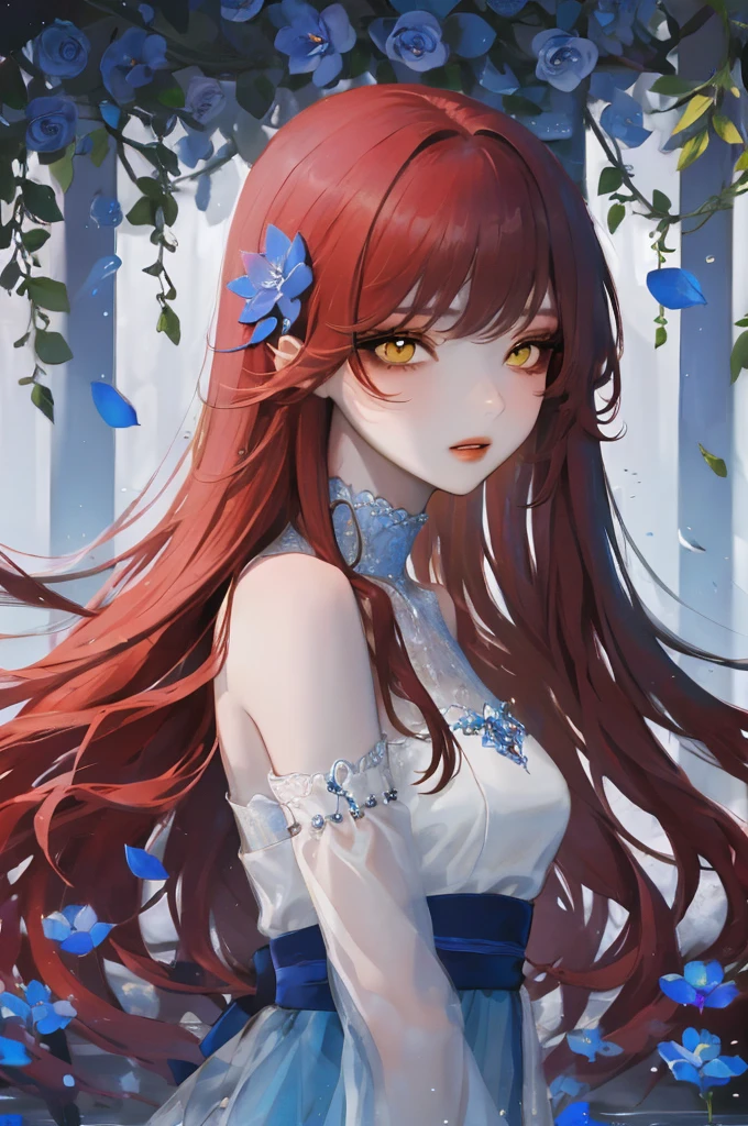 1 girl,flowers,standing alone,ring,hair flowers,hair ornament,gazing at viewer,jewerly,long hair,yellow  eyes,bangss,Red hair,parted lips,swept bangss,blue flowers,trunk,petals,bared shoulders,glaze,blue nails,make up,eyelash,water,ct style,gorgeous eyes,