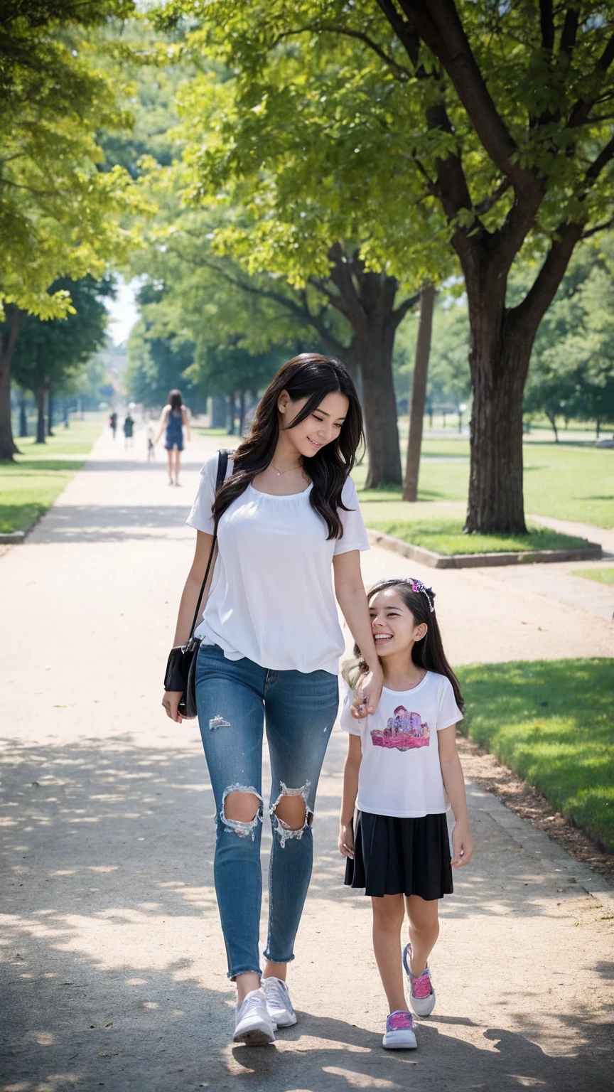 A 21-year-old mother and her -yeld dater are having a fun walk in the park