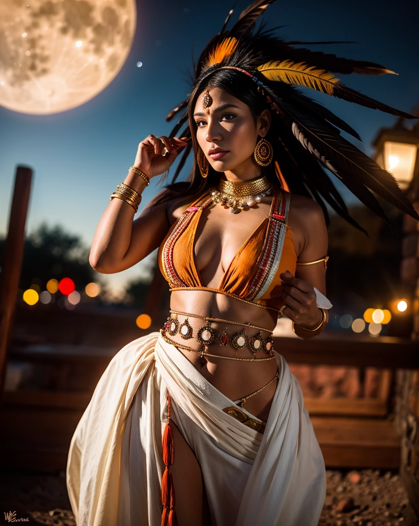 Beautiful Cherokee Indian woman with beautiful terracotta colored headdresses, blackw, doradas, cobre, Pearl, white and beige, feathers made of bright neon of various colors, flares on camera, bokeh, full moon night