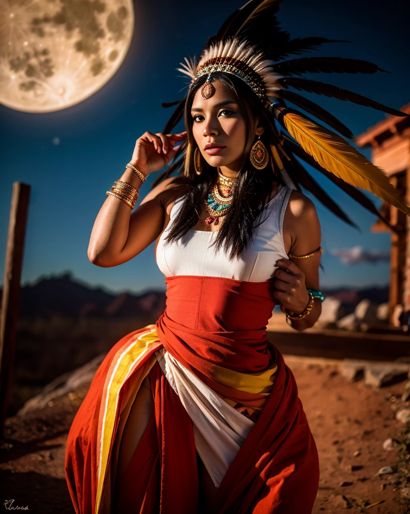 Beautiful Cherokee Indian woman with beautiful terracotta colored headdresses, blackw, doradas, cobre, Pearl, white and beige, feathers made of bright neon of various colors, flares on camera, bokeh, full moon night