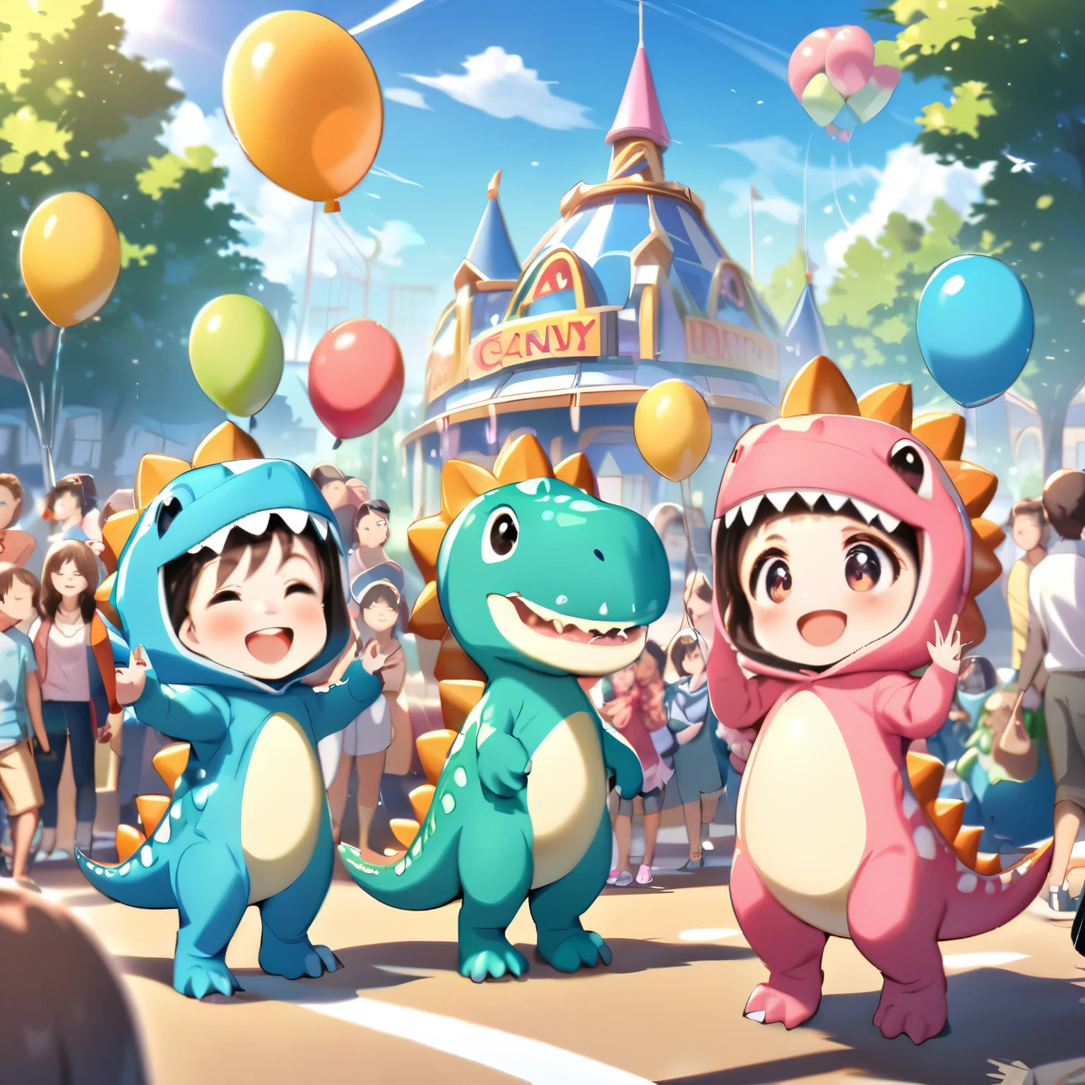 Amusement park on a sunny day, (attendants in pink dinosaur costumes), smiling children around dinosaur costumes, attendants holding a bunch of balloons, sunny blue sky, people smiling, people playing on playground equipment in the background,