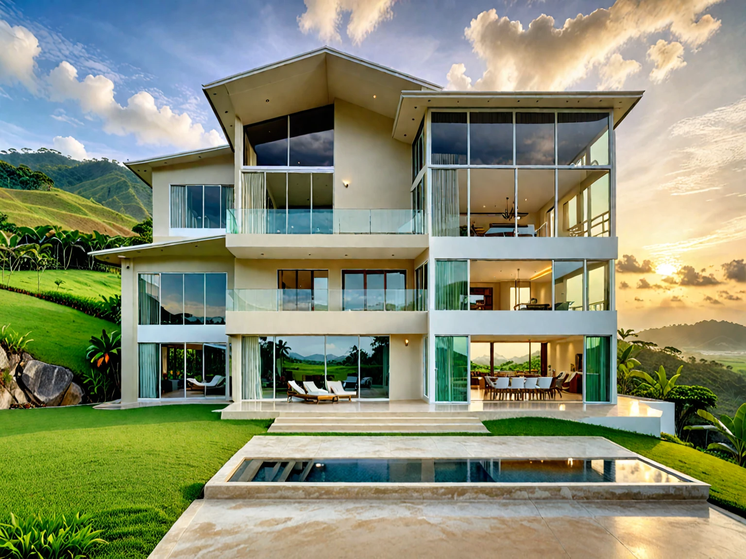 in the morning, sunrise, contemporary house exterior, beige and white mix together, glass door and window, large span balcony, on grassland, hillside, tropical landscape, masterpiece, high quality, ultra hd,