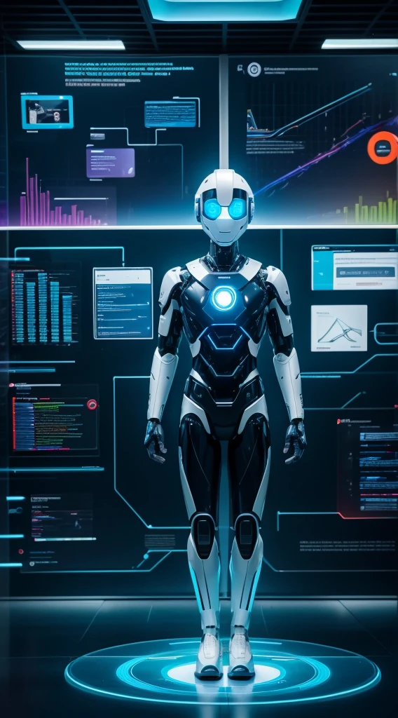 A vibrant and inspiring image to accompany the post about professional growth in the age of artificial intelligence. En el centro de la imagen, a human figure standing, symbolizing a modern professional, is surrounded by technological icons, such as gears, data graphics, robots, and artificial intelligence symbols.
Ao fundo, a futuristic office environment with holographic screens and advanced devices. The figure is facing a large holographic screen that displays professional growth and development charts, conveying the idea of progress and innovation.
Design should include visual elements that convey the integration of technology and human skills, like a line that connects the human brain to technological icons, symbolizing the synergy between human and artificial intelligence.
Text on Image:
Na parte superior, A catchy title: "Professional Growth in the Era of Artificial Intelligence".
Na parte inferior, an inspirational slogan: "innovation, Adaptation, Leadership".
The image must use modern and technological colors, como azul, white and grey, to reflect the high-tech environment, and must be clean and organized to keep attention on the central theme.