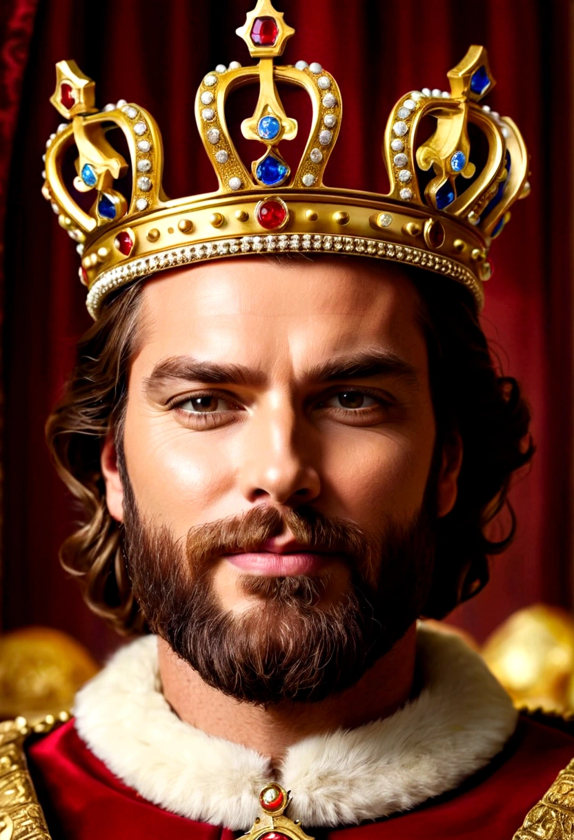 a close up of a man Wearing a crown and a beard, man with crown, wear a royal crown, Portrait of the King, The Medieval Old King, wears a crown, celebration of the king's coronation, Wear a golden crown, fantasy art smug smile man, clash royal style characters, King of Capitalism, Wearing a crown, Clash Royale, Burger King, royal portrait