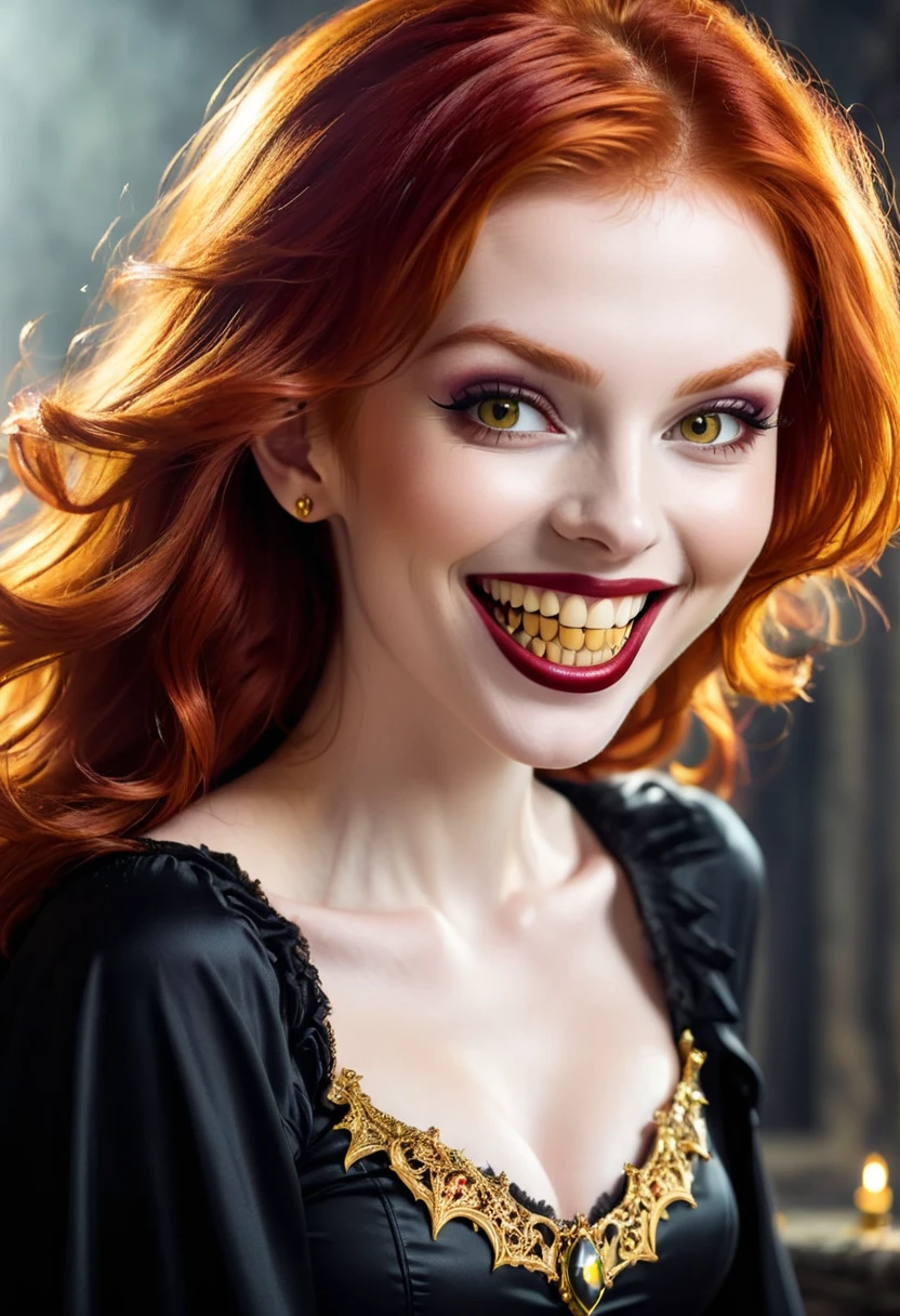 Smiling beautiful redhead vampire with gold tooth