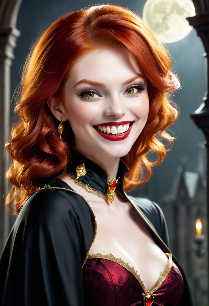 Smiling beautiful redhead vampire with gold tooth