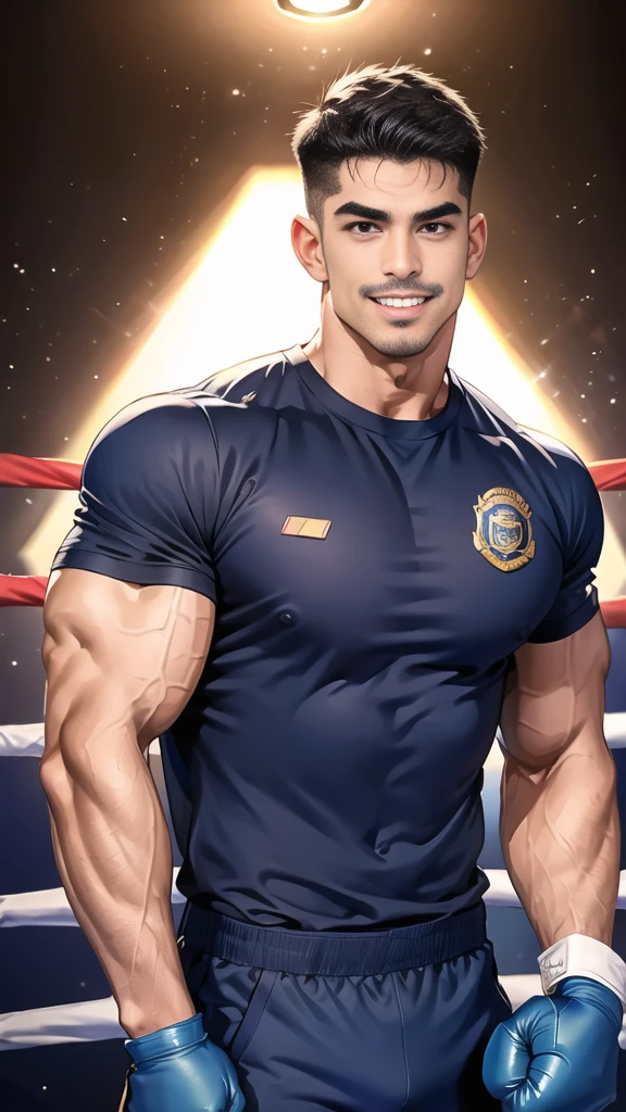 (handsome Man),(Thin mustache:1.1),(crew cut short hair:1.5),black eye,
(navy blue tight-fitting round neck short sleeve T-shirt:1.3),(Police badge:1.3),navy blue cargo pants,(navy_gloves:1,3),(navy_backpack:1.3),(sunglasses:1.3),
Korean guy,chest muscles,large arm muscles,blood vessel,Big muscles,Broad shoulders,(open mouth:1.2),(face up:1.2),(open eyes:1.5),middle of the road,smile,(boxing ring:1.4),