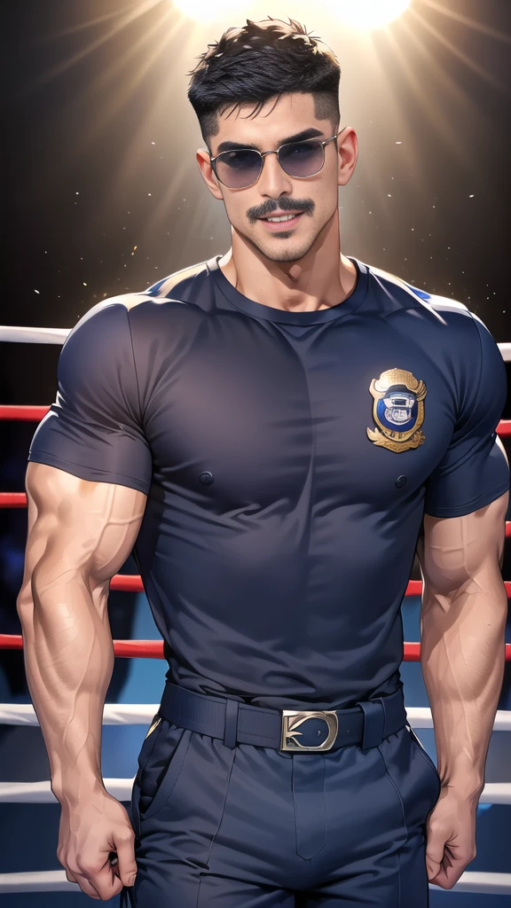 (handsome Man),(Thin mustache:1.1),(crew cut short hair:1.5),black eye,
(navy blue tight-fitting round neck short sleeve T-shirt:1.3),(Police badge:1.3),navy blue cargo pants,(navy_gloves:1,3),(navy_backpack:1.3),(sunglasses:1.3),
Korean guy,chest muscles,large arm muscles,blood vessel,Big muscles,Broad shoulders,(open mouth:1.2),(face up:1.2),(open eyes:1.5),middle of the road,smile,(boxing ring:1.4),