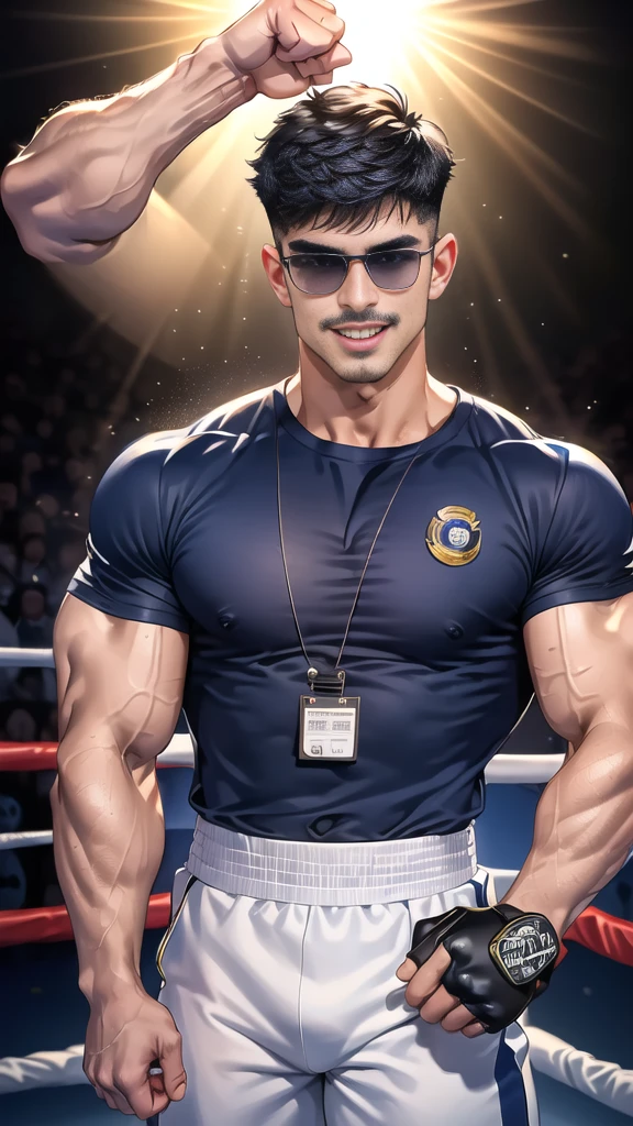 (handsome Man),(Thin mustache:1.1),(crew cut short hair:1.5),black eye,
(navy blue tight-fitting round neck short sleeve T-shirt:1.3),(Police badge:1.3),navy blue cargo pants,(navy_gloves:1,3),(navy_backpack:1.3),(sunglasses:1.3),
Korean guy,chest muscles,large arm muscles,blood vessel,Big muscles,Broad shoulders,(open mouth:1.2),(face up:1.2),(open eyes:1.5),middle of the road,smile,(boxing ring:1.4),