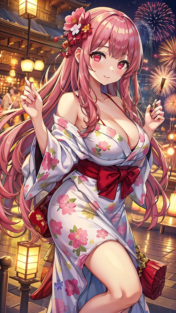 Masterpiece、Highest quality、Super detailed、1 girl、(Big Tits)、Fluffy and soft long hair、Red-pink eyes、Cleavage、(The underboob is visible)、smile、Too big breasts、Fireworks display、yukata