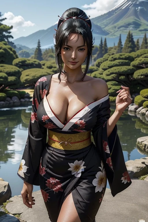 (masterpiece), best quality, expressive eyes, perfect face, front lighting, (outside japanese garden background), (posing), (smirk), (cleavage view), (1girl, milf, nico robin, latina, dark skin, long blackk hair with bangs, ponytail bun with bow hairstyle, brown eyes, hourglass figure, skinny body, thin body, petite_body, large breasts, huge breasts, oppai, large cleavage, wide hips, thick thighs), (geisha, geisha outfit, black kimono, floral pattern, long sleeves, strapless, collarbone, exposed cleavage, sash, obi),