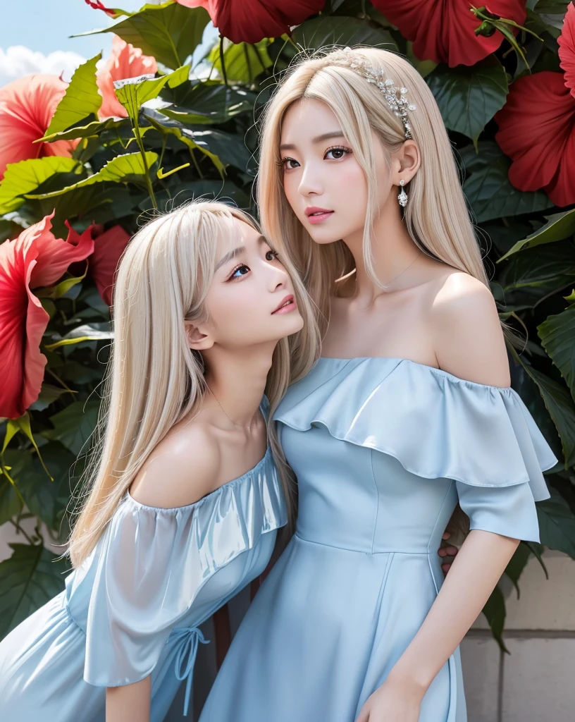(Highest quality, 32k, High resolution, Masterpiece:1.5, ), marimo_jet, god々A photograph with brilliant dazzling and healing power., Evoking a sense of calm and elusive beauty, Expressing emotions, Have a rich imagination,Beautiful Japanese Girls, An exceptionally beautiful face, ((Full body shot from the side:1.4)), Small Face Beauty, Perfect Human Anatomy, Magical big eyes, Motherhood and generosity, Deep Love, A fleeting smile, ((Shiny ash beige hair:1.4)), Super Long Straight Silk Hair, Asymmetrical bangs, Hair between the eyes, Transparent, soft white skin, Sharp eyebrows, Thin lashes, Natural Makeup, Cheek highlighter, Pale pink detailed lips, ((Light blue off-shoulder dress:1.3)), High resolutionの完璧な鎖骨, High resolutionの美しい胸元, Slim figure with ample breasts, High resolutionの美しい太もも, ((Detailed blue sky and clouds in summer:1.2)), ((Beautiful Hibiscus:1.3)), Professional Lighting, Professional photographer, Professional models, god秘的