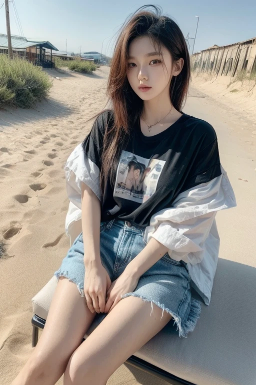 Photo Nostalgia couple of Korean lover, a Korean man with short two block hair, wearing flannel shirts and loose black t-shirts with puzzle text, long-haired Korean woman unraveled exposed to the wind wearing white canal clothes, standing on the sand, standing apart and holding hands, facing each other, strong wind gusts, background only wide desert, long sofa chair, dim light, high quality photos, accurate details, high resolution.