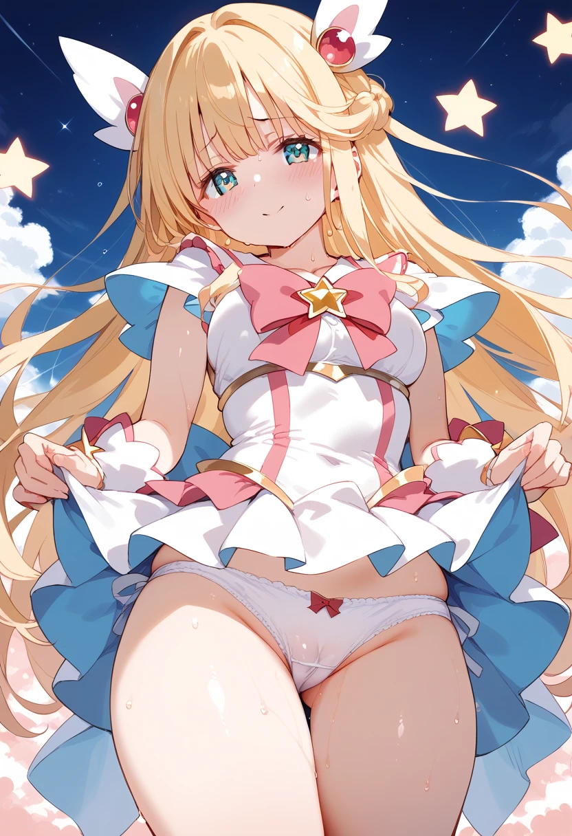 score_9, score_8_up, score_7_up, BREAK source_anime, best quality, masterpiece, uncensored,1girl,shiny skin,((sweat)),blush,((magical girl)),fantasy,dress,heart,star,flower,micro skirt,ribbon,hair ornament,frill,panties