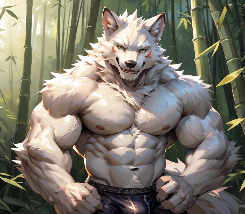 ((best quality)), ((masterpiece)), (ultra detailed), perfect face,(sharp eyes),sharp focus, (by null-ghost,by traver009,by lindong,by pino daeni),(male antro arctic fox):1.7,((white fur)), ((white belly)), (fox ears), sharp eye,ultra-detailed eyes, Beautiful and delicate eyes, ((green):0.1 eyes), ((fluffy fur, fluffy, furry body)),(wearing white brief), muscular male , smile, (bulge), reflection, sexy body, middle-age, strong, looking at view, (((sfw:1.5))), (abs, strong muscle, 6 pack), shirtless, claw, pink nipples, handsome, majestic,Delicate canine teeth, official art, hairy, male, in the bamboo forest, anime , (full body view) sweating:1.7