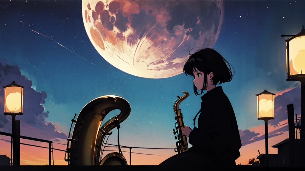 Silhouette of a girl、Playing the saxophone、dark、Late Night、Ancient Capital