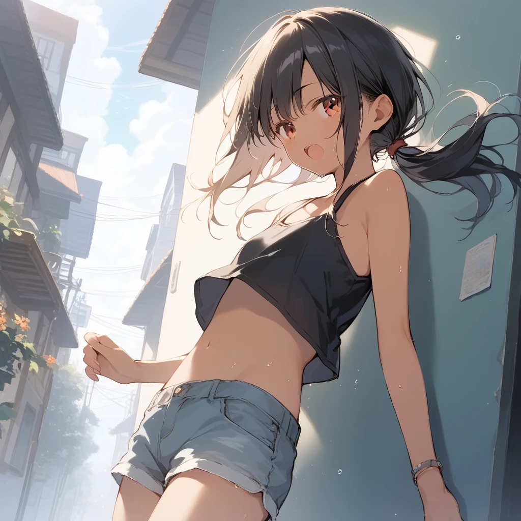 score_9, score_8_up, score_7_up, source_anime, best quality, masterpiece, official art, absurdres, highres, ultra-detailed,waifu2x,Collection: Slice of Life,break,1girl, tomboy, dark-skinned female, short hair, low ponytail, flat chest, beautiful detailed eyes, short shorts, sweat, open mouth, (yawn:0.3), sleepily, outdoors, wind, break,(clear line illustration:1.2),very high resolution, very aesthetic, super detailed skin, Best sexual lighting powered by famous artist, 8k,cute picture,beauty illustration,photoshop_(medium),,(Detailed Lighting),best anime 8k konachan wallpaper, pixiv contest winner,