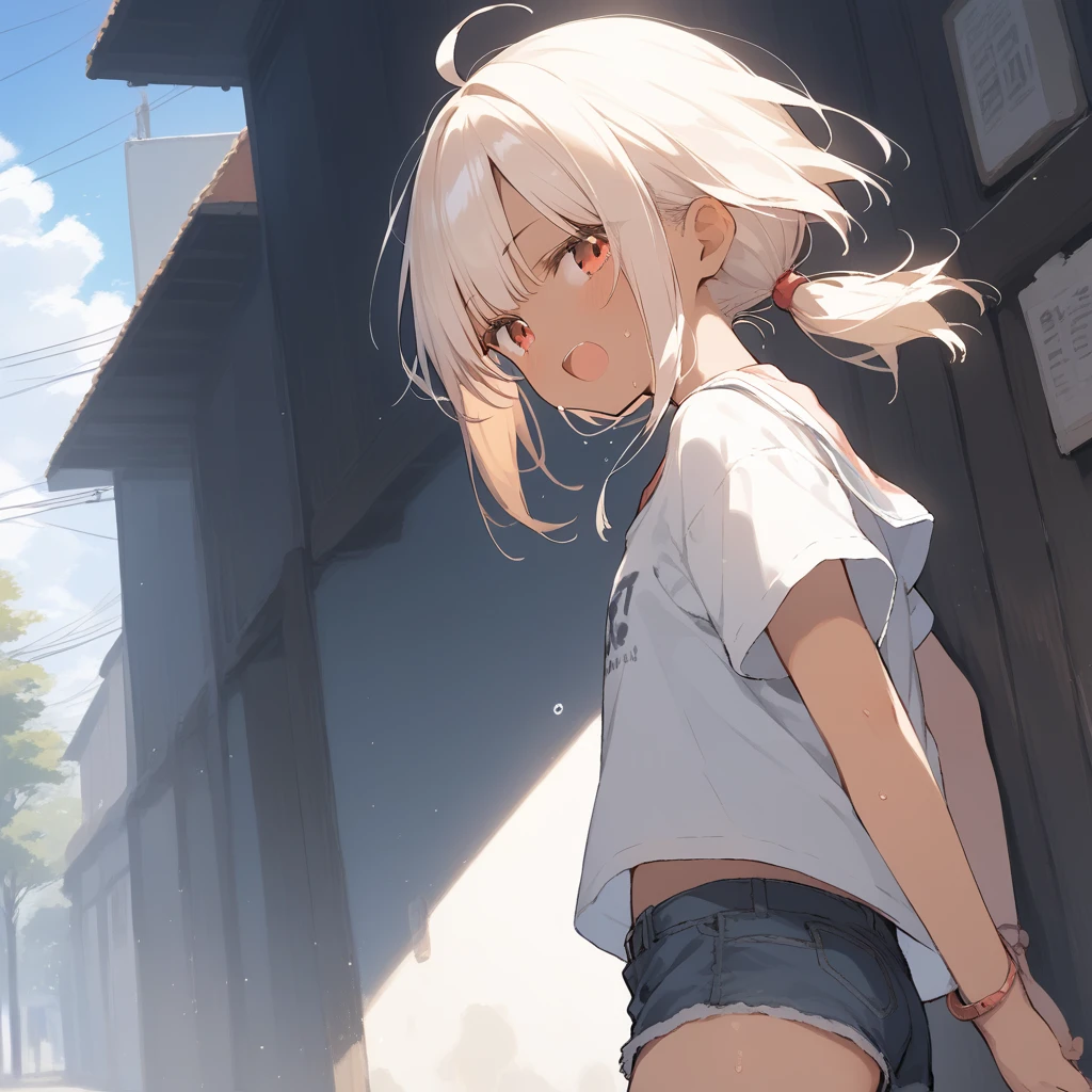 score_9, score_8_up, score_7_up, source_anime, best quality, masterpiece, official art, absurdres, highres, ultra-detailed,waifu2x,Collection: Slice of Life,break,1girl, tomboy, dark-skinned female, short hair, low ponytail, flat chest, beautiful detailed eyes, short shorts, sweat, open mouth, (yawn:0.3), sleepily, outdoors, wind, break,(clear line illustration:1.2),very high resolution, very aesthetic, super detailed skin, Best sexual lighting powered by famous artist, 8k,cute picture,beauty illustration,photoshop_(medium),,(Detailed Lighting),best anime 8k konachan wallpaper, pixiv contest winner,