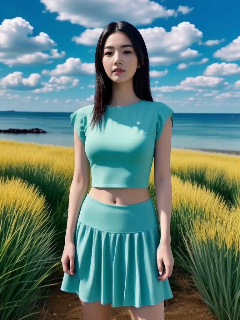 Close-up of a beautiful Asian woman, beautiful asian girl, gorgeous young, attractive woman, gorgeous woman, elegant japanese woman, jaw-dropping beauty, beautiful oriental woman Araaf woman close-up, ของผู้หญิงlong hairชาวเอเชียตะวันออกเฉียงใต้ที่มีใบหน้ากลม, ,ponytail, long hairลอยปลิวขึ้น, black eyes, staring at the viewer, abdominal muscles, Large chest 36 inches, Warm light, morning sun,  long hair,black eyes,abdominal muscles, The body is beautiful and strong., rounded chest, (digital painting, HDR, high contrast), 3-D, 8K, 45,000,000 pixcls,