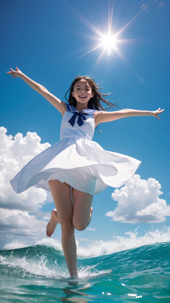 1girl,masterpiece, 12 years old;beautiful girl、8K quality, High definition, realistic pictures, professional writing, There is a woman jumping in the air from underwater to the sky., ((A pose that looks like dancing with the face facing upwards)), face upwards, dance in the air,artistic swimming,  jump towards the viewer, jump towards viewer, she is floating in the air, jump into the air, jump on the audience, jump, jump with arms up, floating in the air, floating on the ground, Jump for joy, jump pose, horizontally jump!!!, wearing a sailor suit, high school girl,((Big wave crashing down)), ((Splashes of water splashing from the body)),  Clear blue sky and white clouds, Sunlight flares