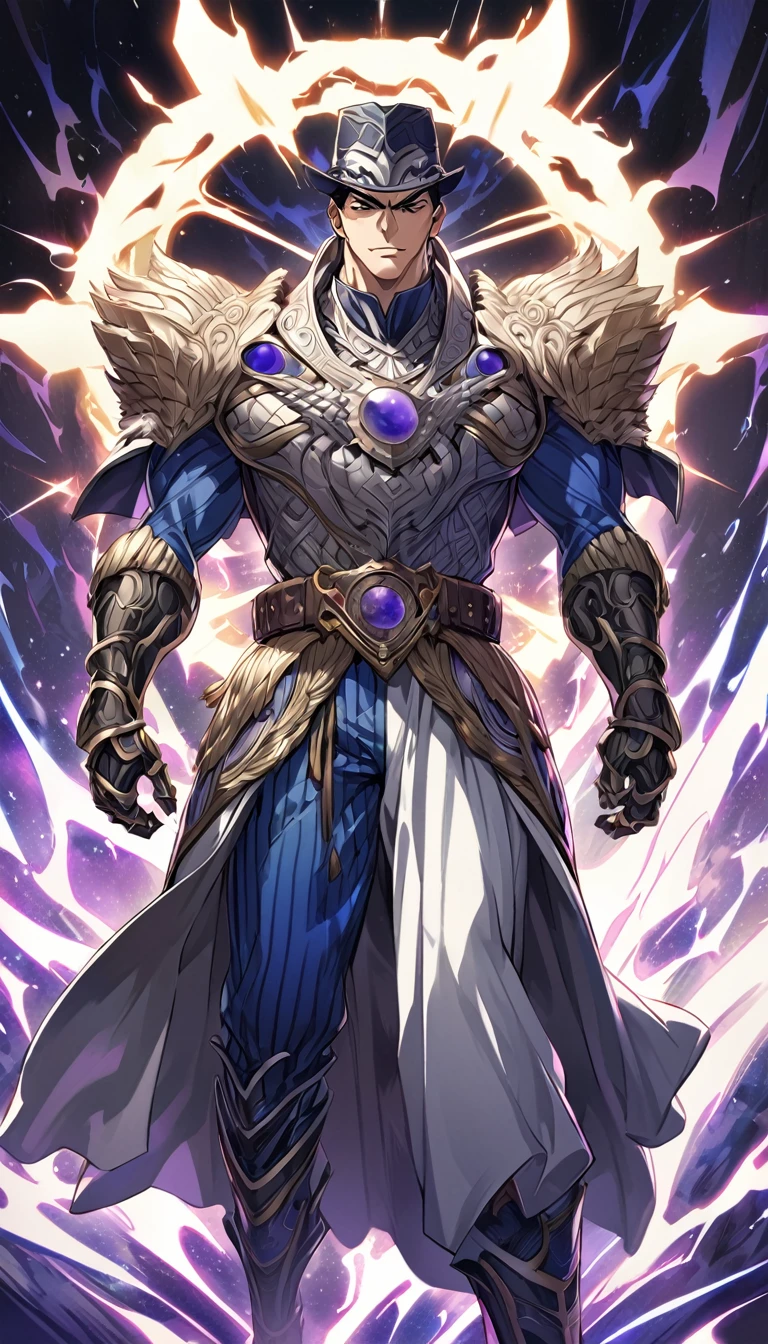 Generate a hyper-realistic image of Kujo Jotaro from *JoJo's Bizarre Adventure* as a Soul Reaper from *Bleach*. He should be depicted in a detailed Soul Reaper costume, with realistic textures and intricate designs. His Zanpakutou should embody the essence of his stand, Star Platinum, featuring elements like its distinctive armor and powerful aura. The image should capture the intense and commanding presence of Kujo Jotaro, blending the art styles of both anime series seamlessly.