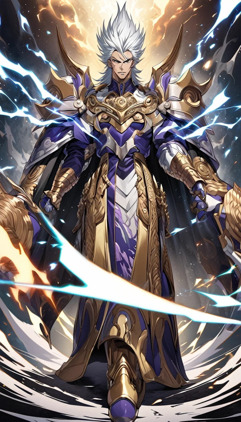 Generate a hyper-realistic image of Kujo Jotaro from *JoJo's Bizarre Adventure* as a Soul Reaper from *Bleach*. He should be depicted in a detailed Soul Reaper costume, with realistic textures and intricate designs. His Zanpakutou should embody the essence of his stand, Star Platinum, featuring elements like its distinctive armor and powerful aura. The image should capture the intense and commanding presence of Kujo Jotaro, blending the art styles of both anime series seamlessly.