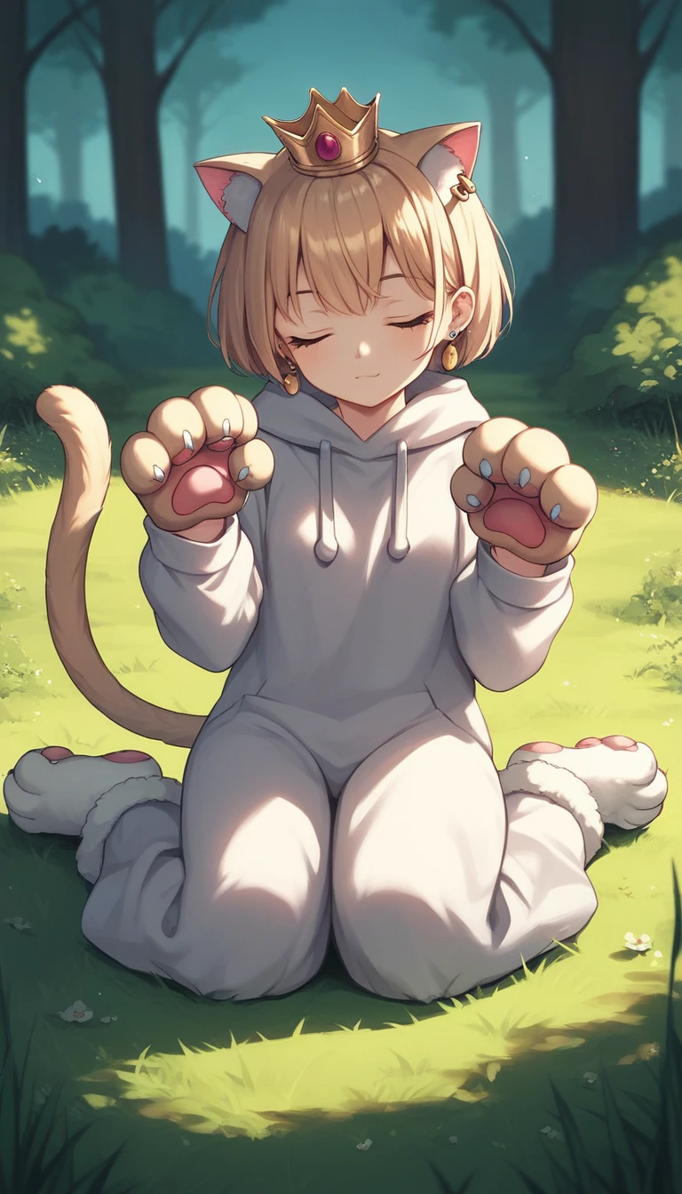 score_9, score_8_up,score_7_up,score_6_up, source_anime,
BREAK
outdoors,grass,forest,
BREAK
IncrsPchCat, cat costume, cat tail, animal hands, long sleeves, crown, jewelry, earrings, sitting, paw pose,=w=, :3, = =, eyes closed
