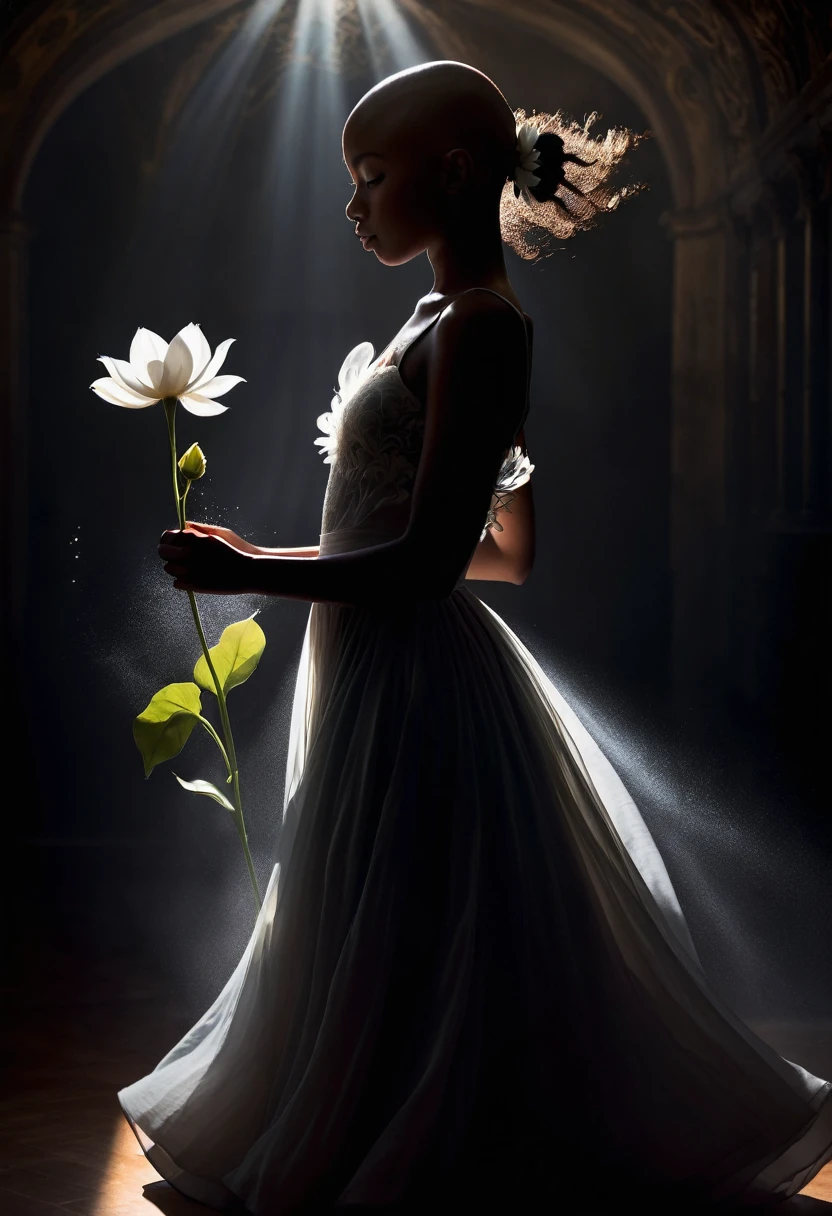 Create a detailed image of a book cover with a silhouette of a bald black in shadow, partially visible, with a dress flowing softly around her. In front of the silhouette, represent a single large bright white flower emitting powerful magic. The background must be completely dark, highlighting the silhouette and magic of the flower. Magic should be visualized as small, glowing, ethereal particles, radiating energy and mystery.