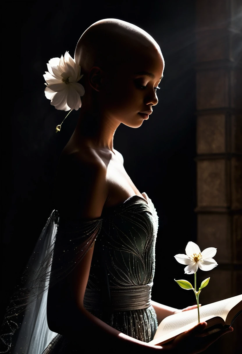 Create a detailed image of a book cover with a silhouette of a bald black 15 year old in shadow, partially visible, with a dress flowing softly around her. In front of the silhouette, represent a single large bright white flower emitting powerful magic. The background must be completely dark, highlighting the silhouette and magic of the flower. Magic should be visualized as small, glowing, ethereal particles, radiating energy and mystery.