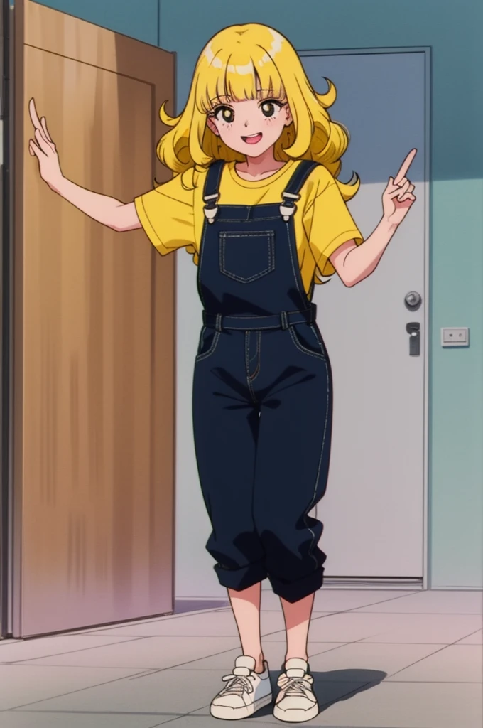 ((Anime Screen Capture:1.3))、Highest quality、masterpiece、((She is alone:1.3))、((1 Girl:1.3))、((She has curly hair:1.5))、((Perm:1.3))、((Her mouth is big、White teeth are visible:1.5))、((Your teeth are very beautiful:1.5))、(((She has her bangs down:1.8)))、(((Her bangs are straight:1.8)))、(((Yellow Hair:1.8)))、((black eye:1.8))、Detailed face、((She is wearing overalls over a white T-shirt、Smiling in overalls:1.5))、((Outside date))、((Gal))、((White sneakers))、((reflexes))、